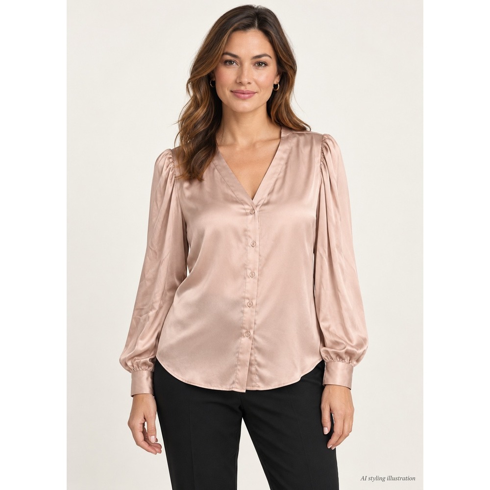 White House Black Market Blouse Size 10 Blush Satin Ruched Sleeve Button Front